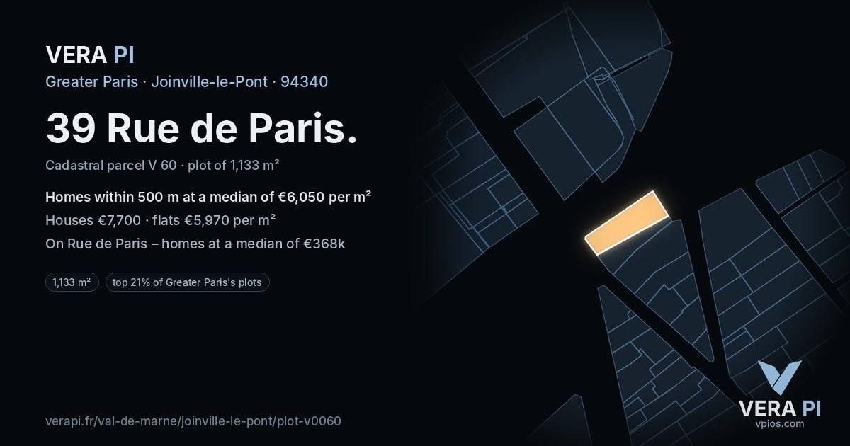 39 Rue de Paris, Joinville-le-Pont at night – the plot lit, the parcels around coloured by the prices near them