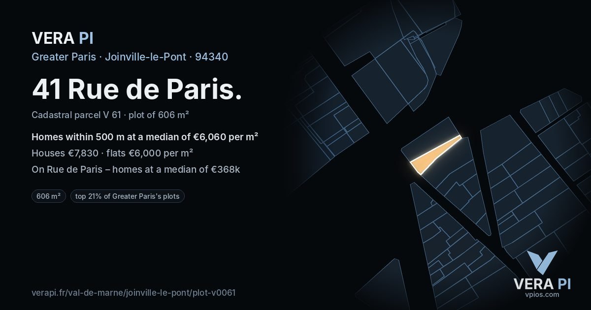 41 Rue de Paris, Joinville-le-Pont at night – the plot lit, the parcels around coloured by the prices near them