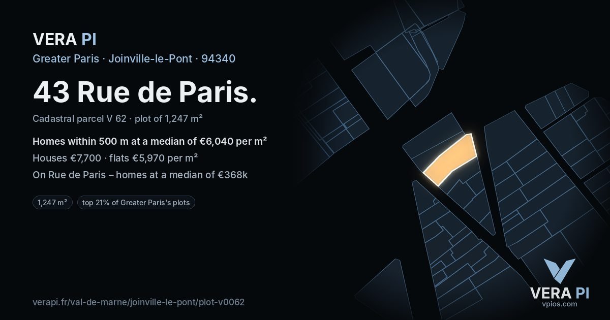 43 Rue de Paris, Joinville-le-Pont at night – the plot lit, the parcels around coloured by the prices near them