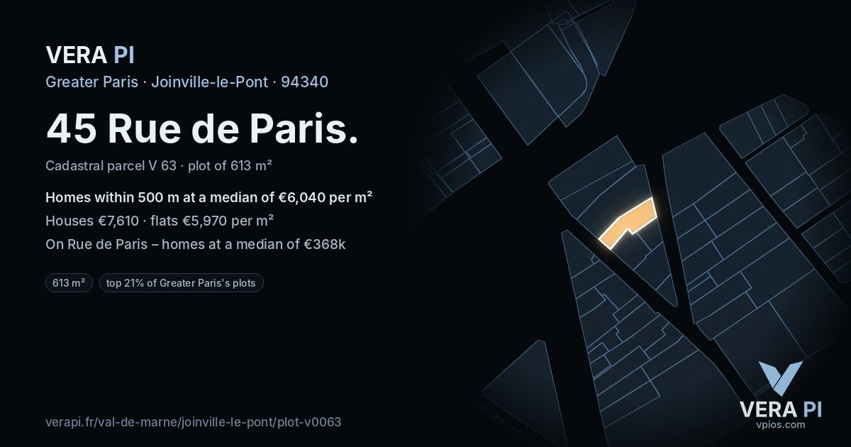 45 Rue de Paris, Joinville-le-Pont at night – the plot lit, the parcels around coloured by the prices near them