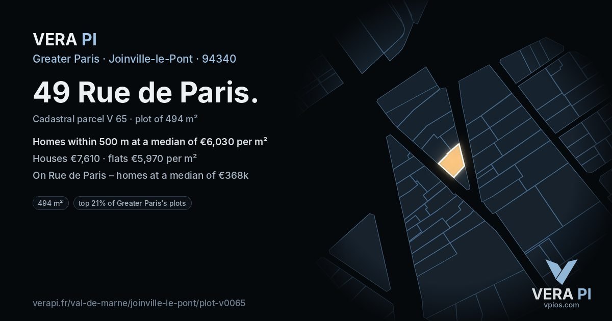 49 Rue de Paris, Joinville-le-Pont at night – the plot lit, the parcels around coloured by the prices near them