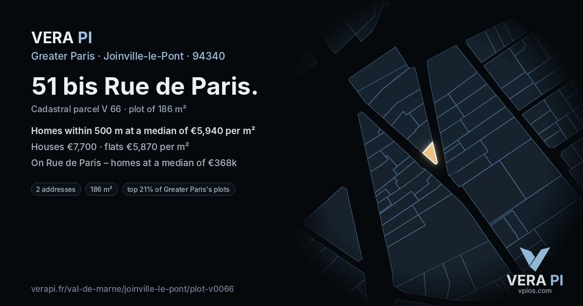 51 bis Rue de Paris, Joinville-le-Pont at night – the plot lit, the parcels around coloured by the prices near them
