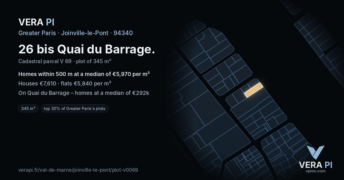 26 bis Quai du Barrage, Joinville-le-Pont at night – the plot lit, the parcels around coloured by the prices near them