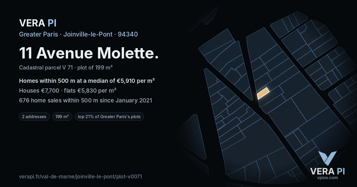 11 Avenue Molette, Joinville-le-Pont at night – the plot lit, the parcels around coloured by the prices near them