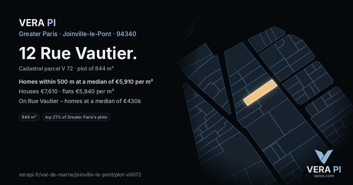 12 Rue Vautier, Joinville-le-Pont at night – the plot lit, the parcels around coloured by the prices near them