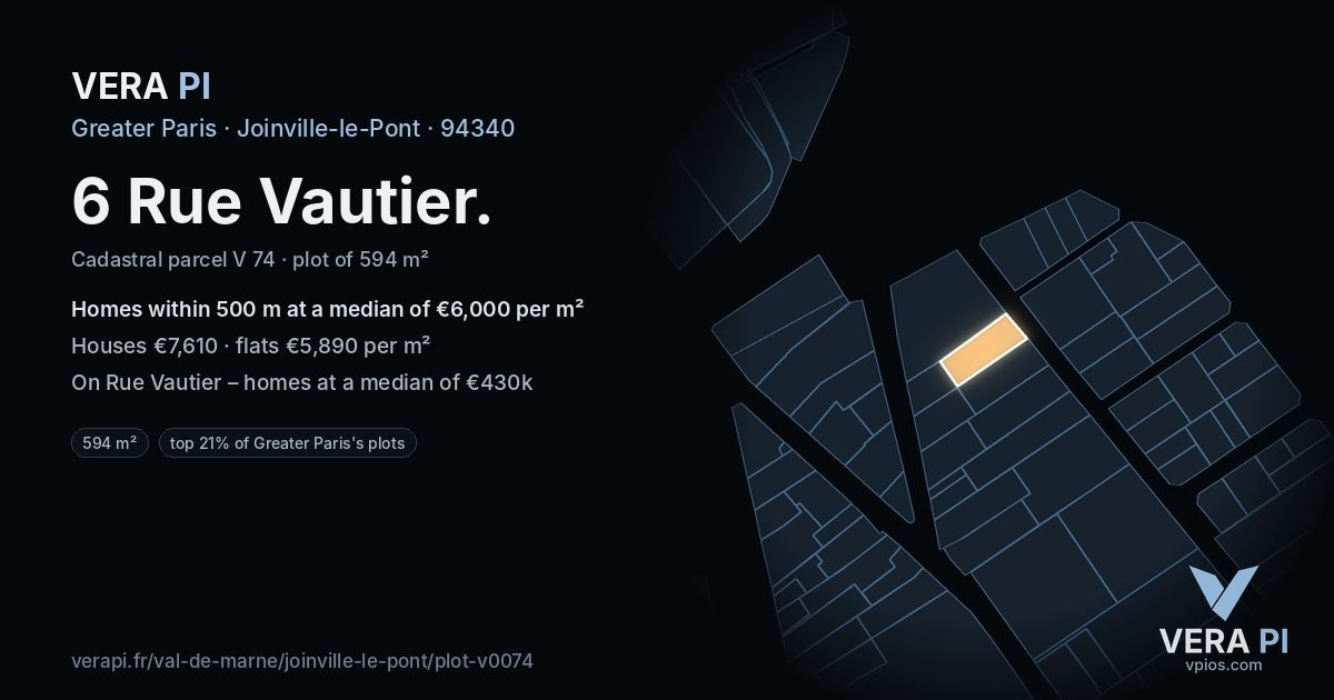 6 Rue Vautier, Joinville-le-Pont at night – the plot lit, the parcels around coloured by the prices near them