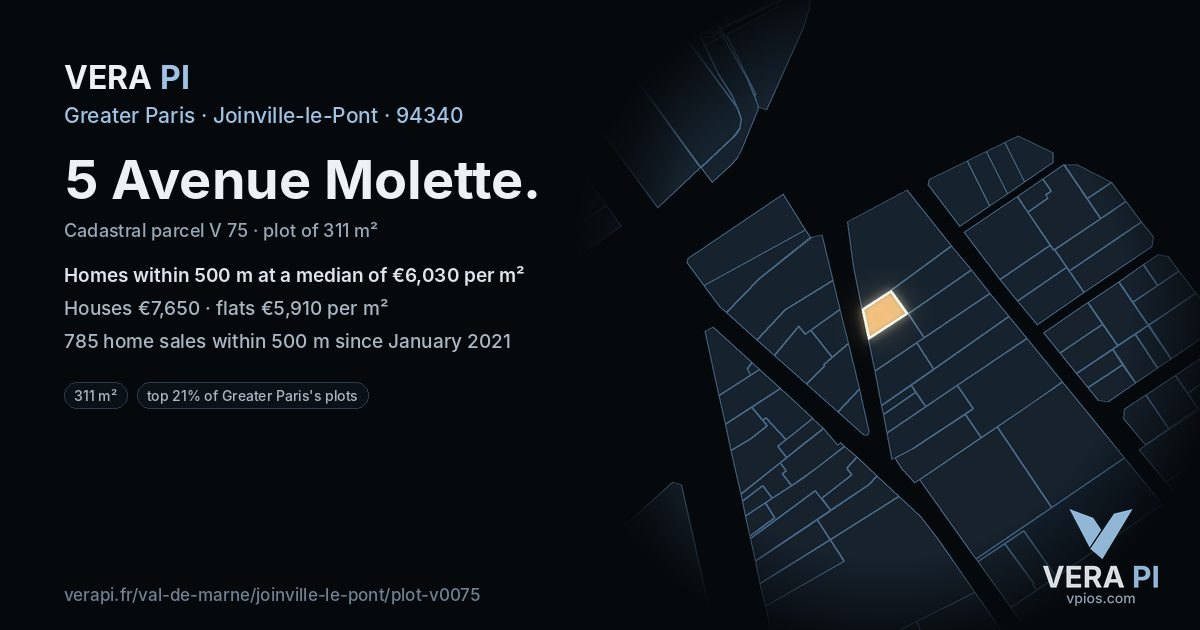 5 Avenue Molette, Joinville-le-Pont at night – the plot lit, the parcels around coloured by the prices near them