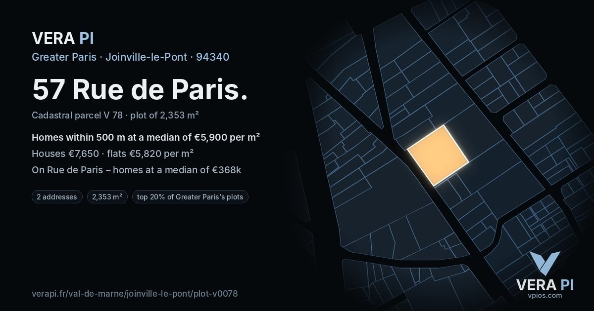 57 Rue de Paris, Joinville-le-Pont at night – the plot lit, the parcels around coloured by the prices near them