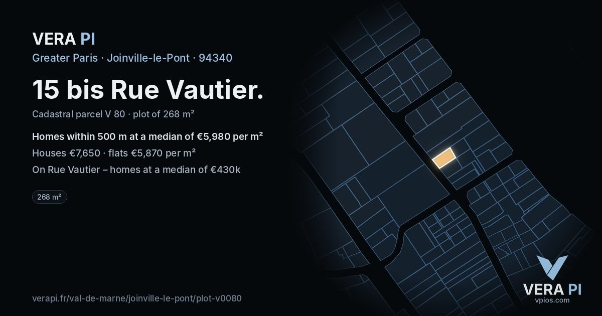 15 bis Rue Vautier, Joinville-le-Pont at night – the plot lit, the parcels around coloured by the prices near them