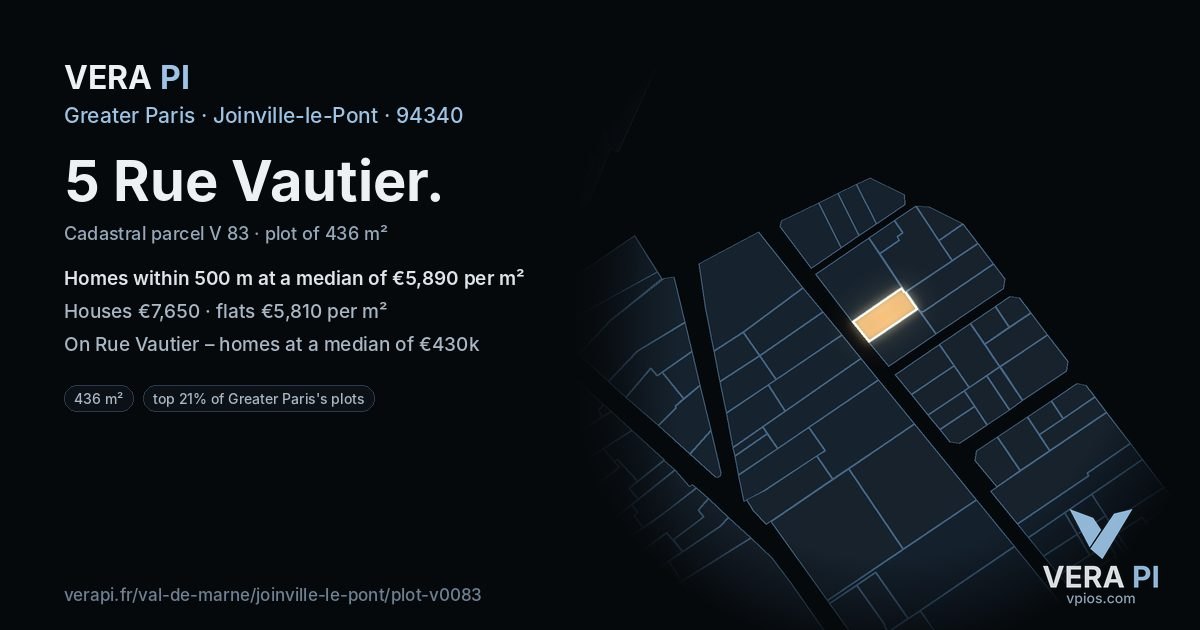 5 Rue Vautier, Joinville-le-Pont at night – the plot lit, the parcels around coloured by the prices near them