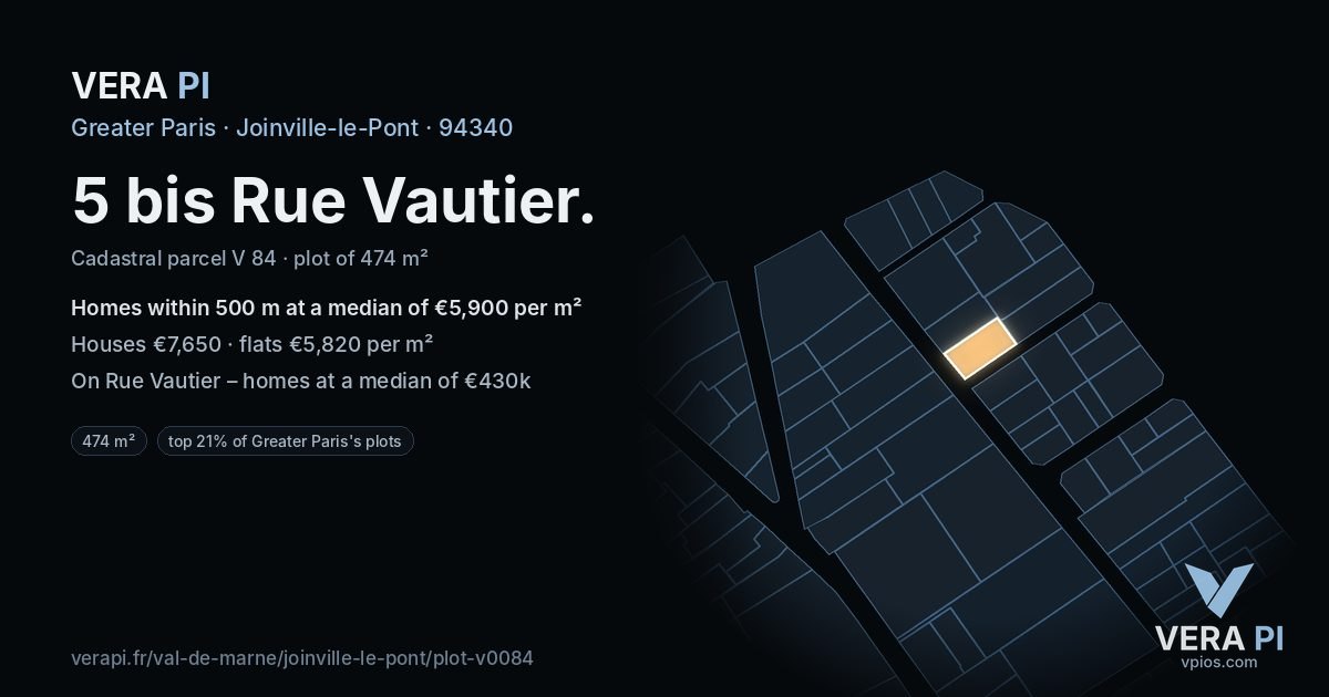5 bis Rue Vautier, Joinville-le-Pont at night – the plot lit, the parcels around coloured by the prices near them