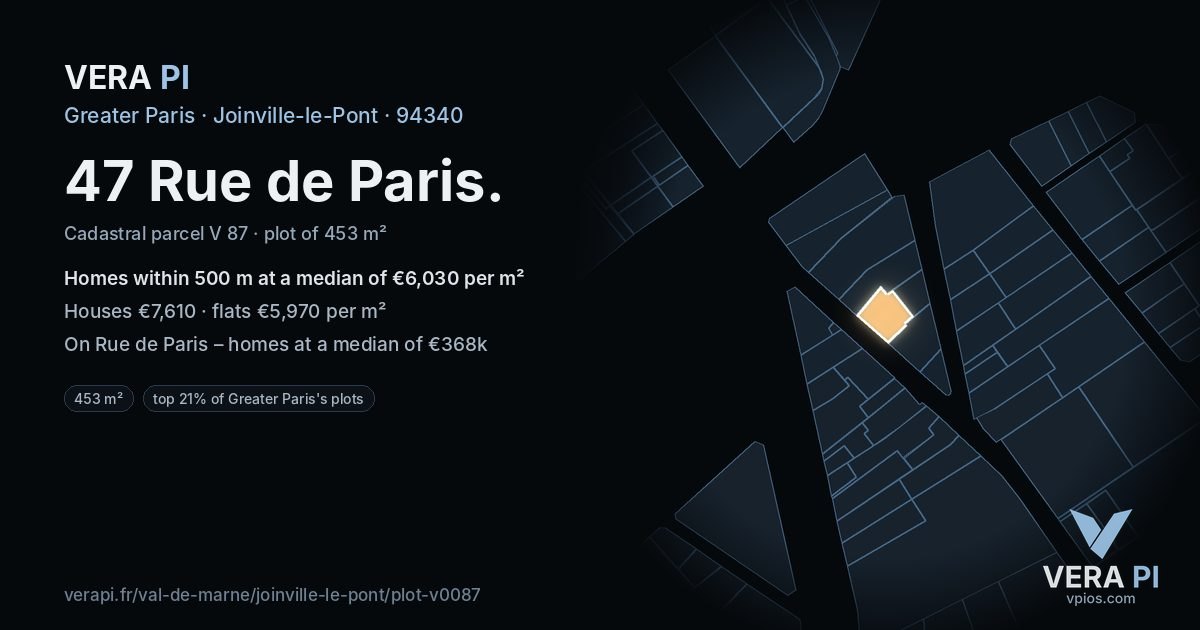 47 Rue de Paris, Joinville-le-Pont at night – the plot lit, the parcels around coloured by the prices near them
