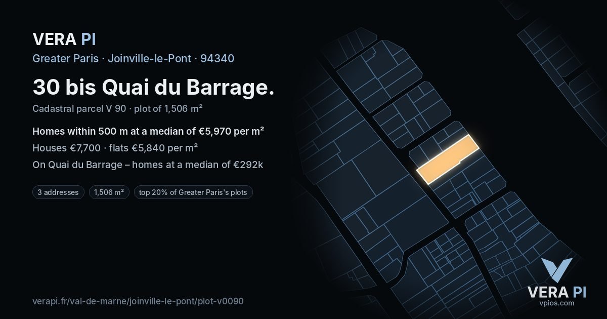 30 bis Quai du Barrage, Joinville-le-Pont at night – the plot lit, the parcels around coloured by the prices near them