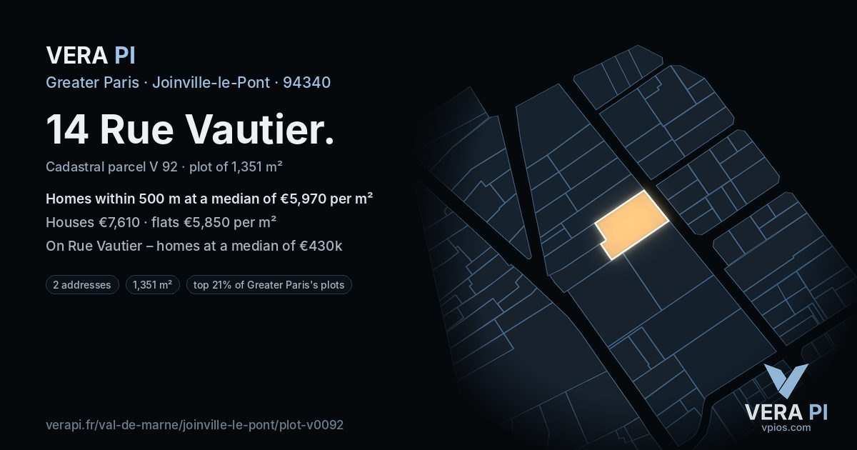 14 Rue Vautier, Joinville-le-Pont at night – the plot lit, the parcels around coloured by the prices near them