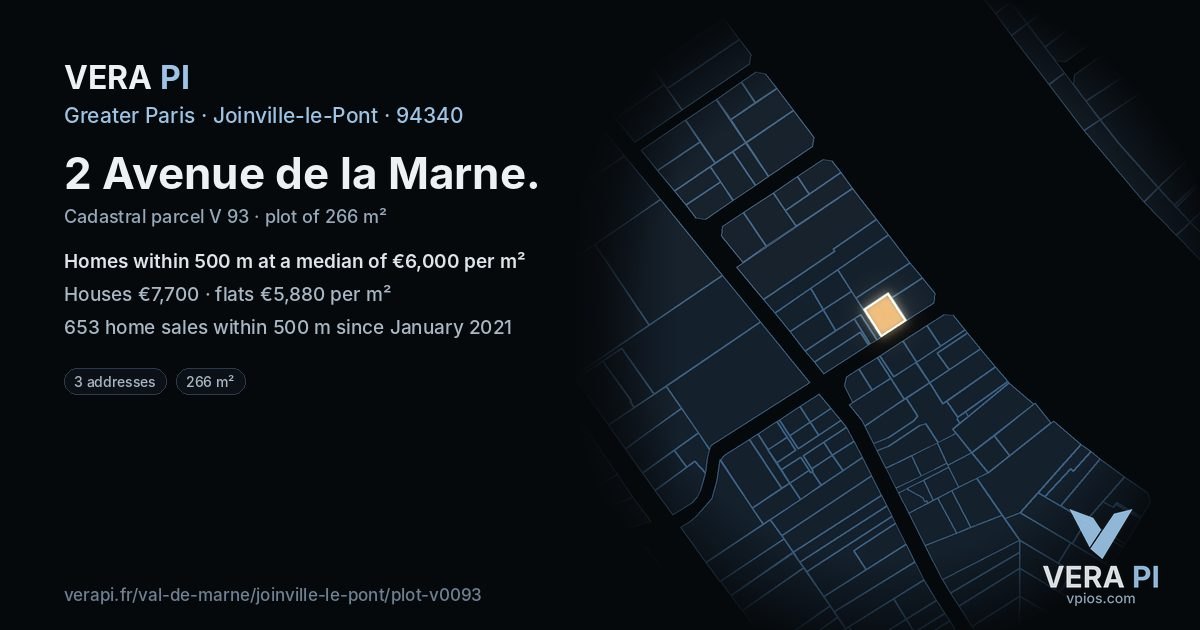 2 Avenue de la Marne, Joinville-le-Pont at night – the plot lit, the parcels around coloured by the prices near them