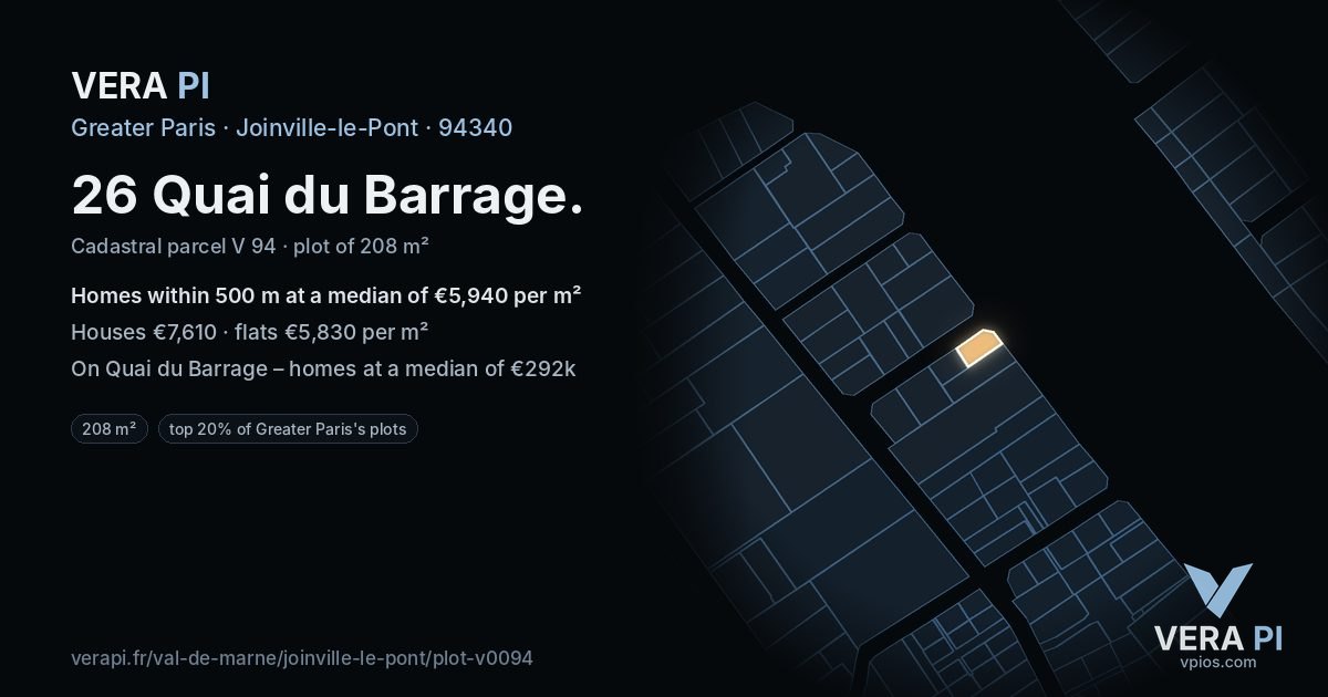 26 Quai du Barrage, Joinville-le-Pont at night – the plot lit, the parcels around coloured by the prices near them