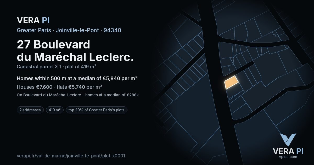 27 Boulevard du Maréchal Leclerc, Joinville-le-Pont at night – the plot lit, the parcels around coloured by the prices near them
