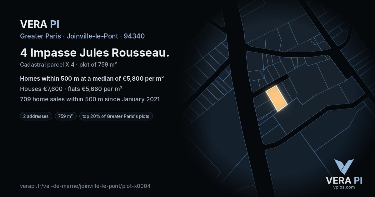 4 Impasse Jules Rousseau, Joinville-le-Pont at night – the plot lit, the parcels around coloured by the prices near them
