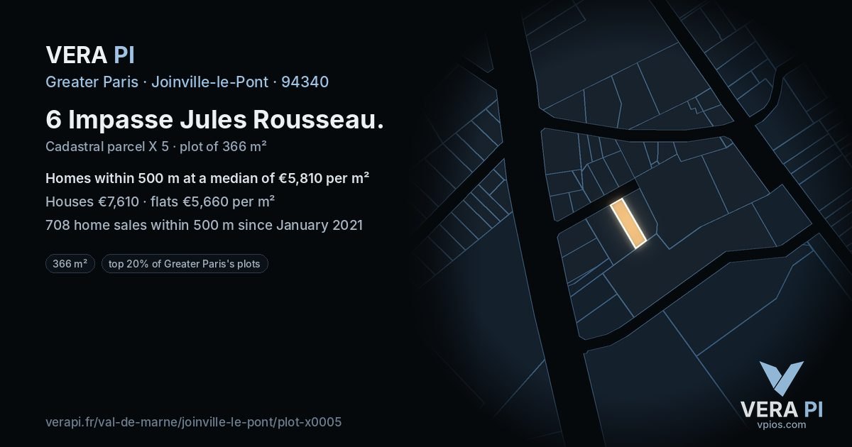 6 Impasse Jules Rousseau, Joinville-le-Pont at night – the plot lit, the parcels around coloured by the prices near them