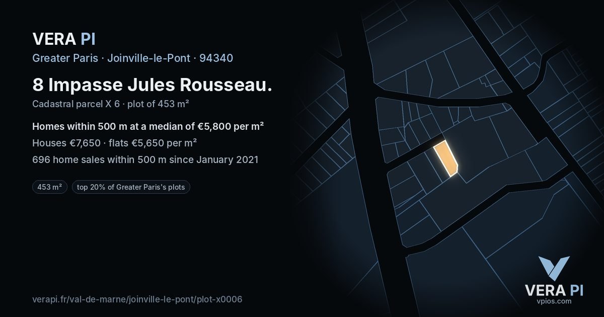 8 Impasse Jules Rousseau, Joinville-le-Pont at night – the plot lit, the parcels around coloured by the prices near them