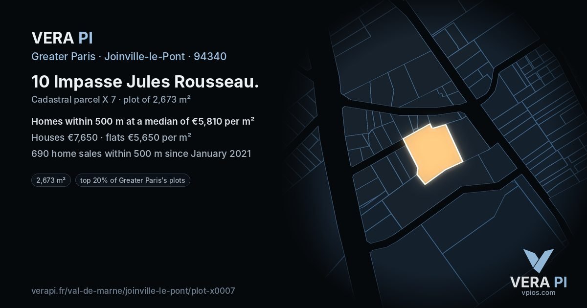 10 Impasse Jules Rousseau, Joinville-le-Pont at night – the plot lit, the parcels around coloured by the prices near them