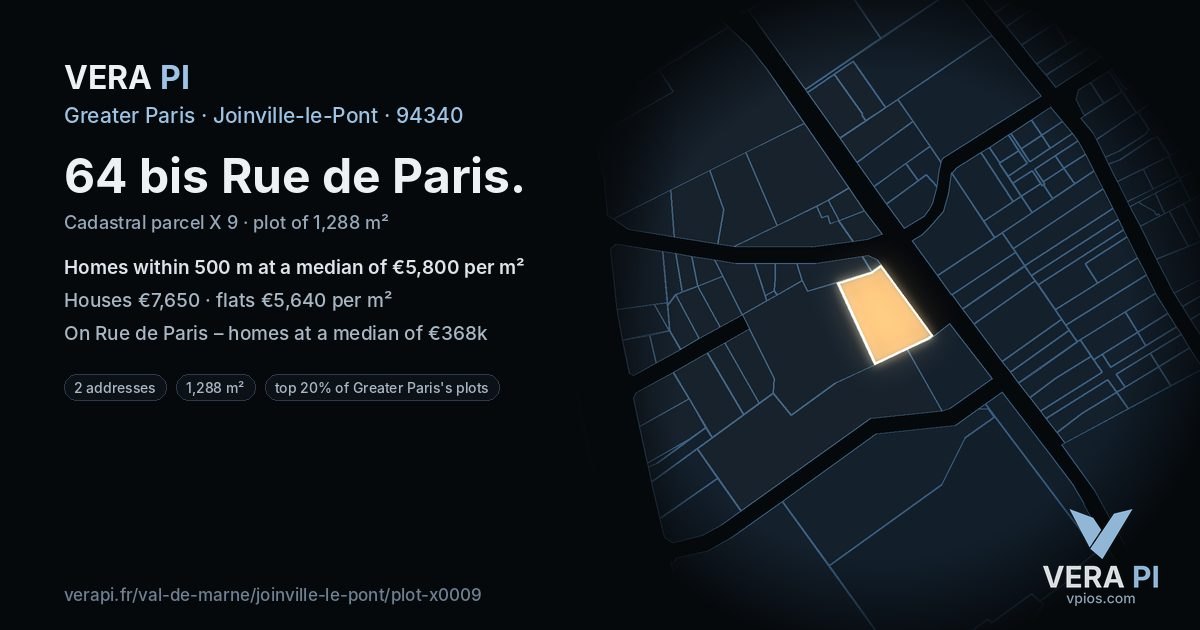 64 bis Rue de Paris, Joinville-le-Pont at night – the plot lit, the parcels around coloured by the prices near them