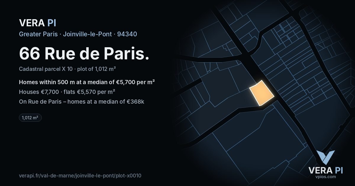 66 Rue de Paris, Joinville-le-Pont at night – the plot lit, the parcels around coloured by the prices near them