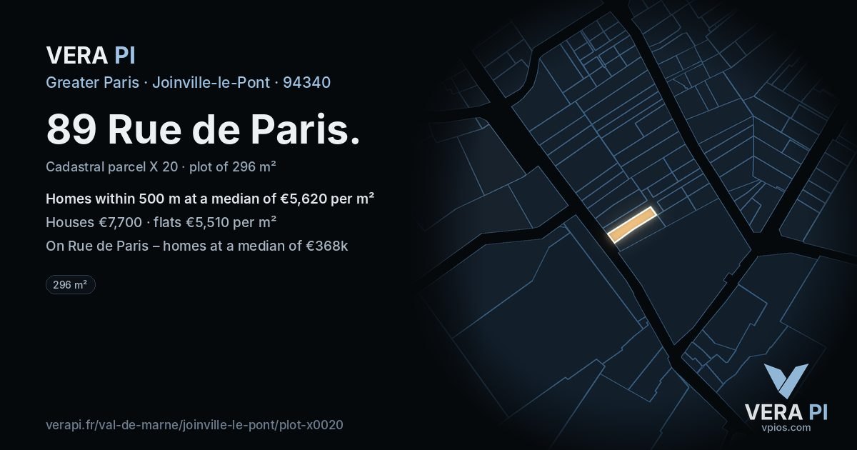 89 Rue de Paris, Joinville-le-Pont at night – the plot lit, the parcels around coloured by the prices near them
