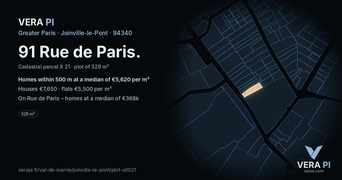 91 Rue de Paris, Joinville-le-Pont at night – the plot lit, the parcels around coloured by the prices near them