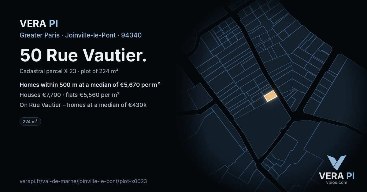 50 Rue Vautier, Joinville-le-Pont at night – the plot lit, the parcels around coloured by the prices near them