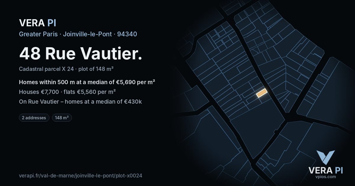 48 Rue Vautier, Joinville-le-Pont at night – the plot lit, the parcels around coloured by the prices near them