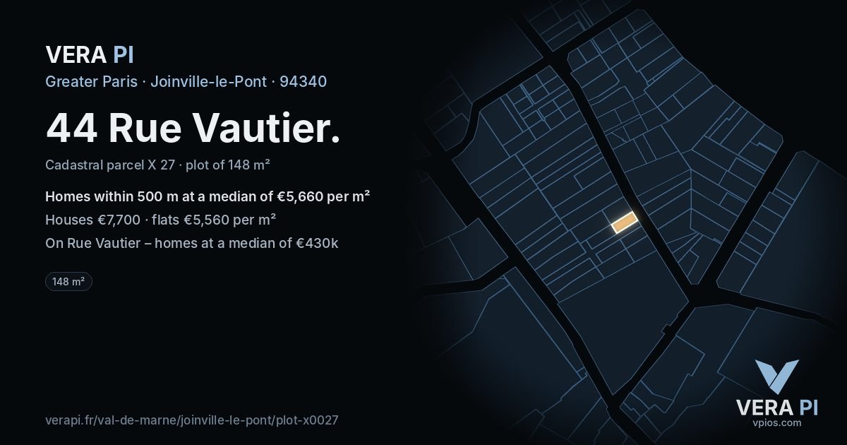 44 Rue Vautier, Joinville-le-Pont at night – the plot lit, the parcels around coloured by the prices near them