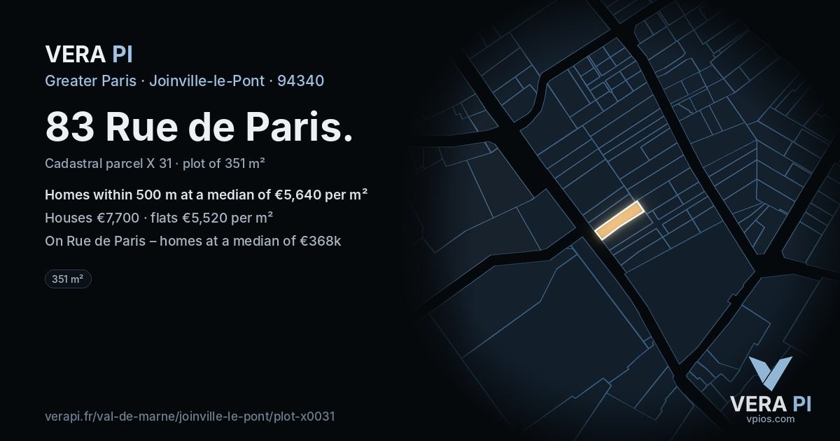 83 Rue de Paris, Joinville-le-Pont at night – the plot lit, the parcels around coloured by the prices near them