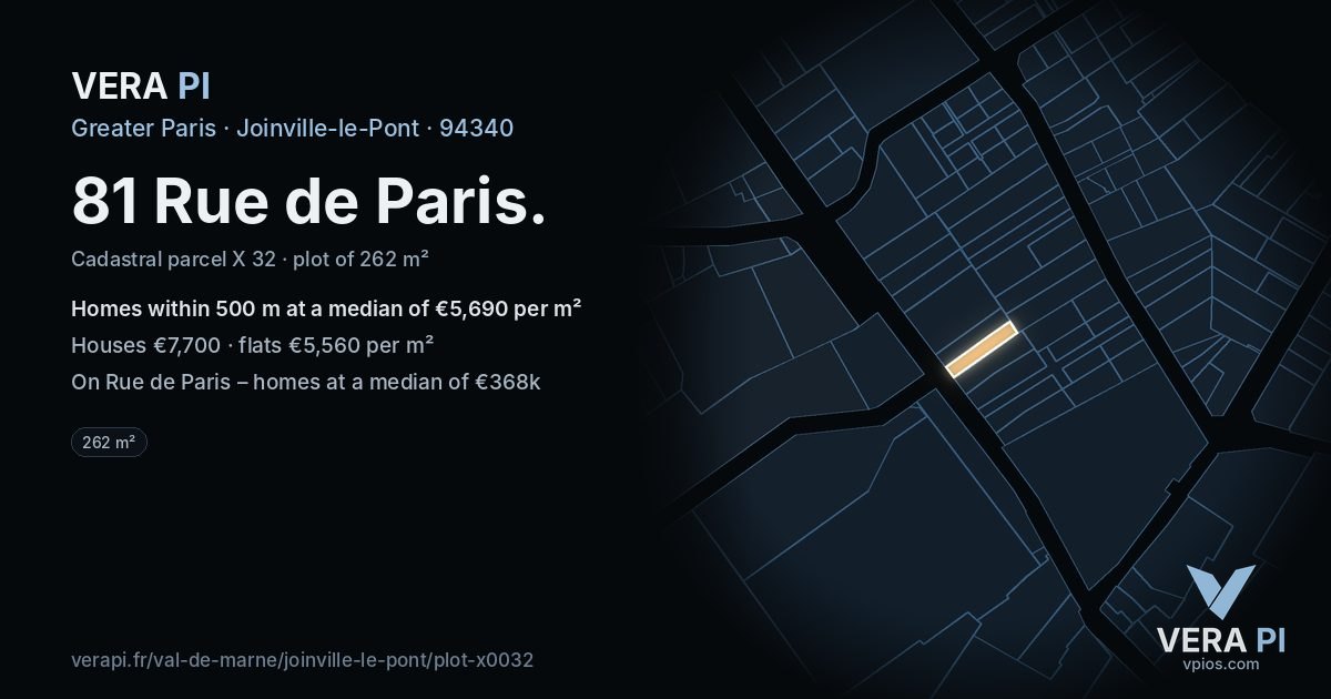 81 Rue de Paris, Joinville-le-Pont at night – the plot lit, the parcels around coloured by the prices near them