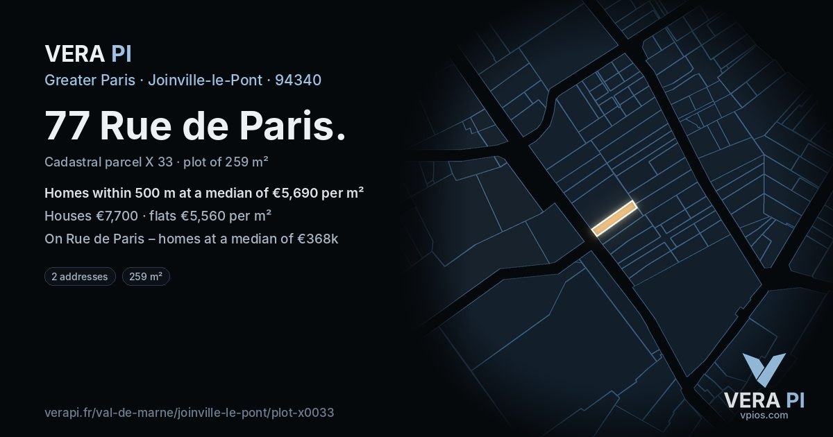 77 Rue de Paris, Joinville-le-Pont at night – the plot lit, the parcels around coloured by the prices near them