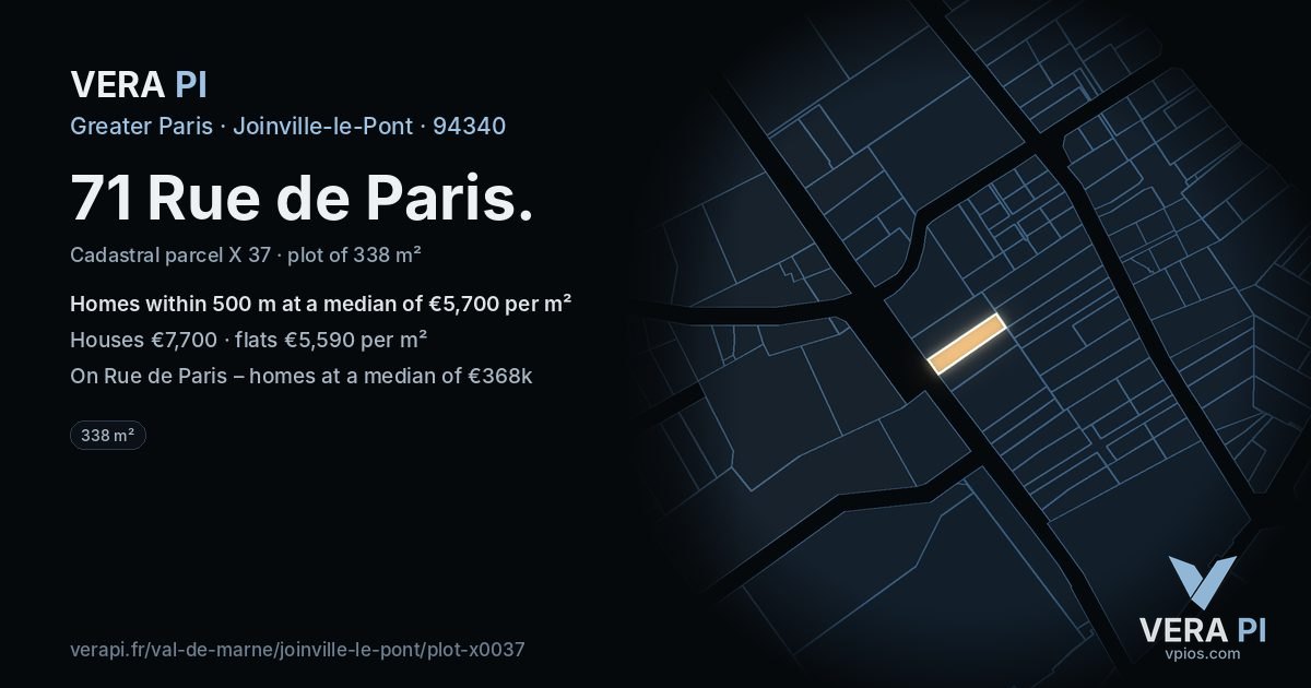 71 Rue de Paris, Joinville-le-Pont at night – the plot lit, the parcels around coloured by the prices near them