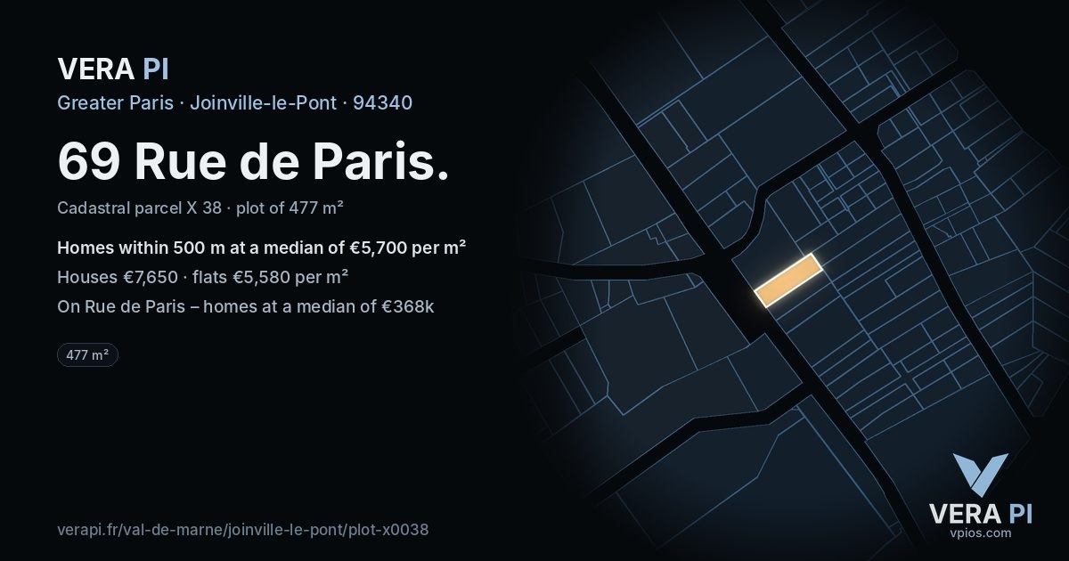 69 Rue de Paris, Joinville-le-Pont at night – the plot lit, the parcels around coloured by the prices near them