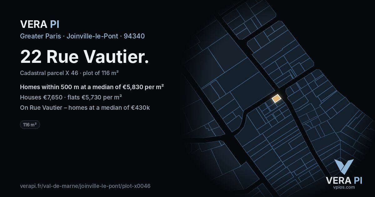 22 Rue Vautier, Joinville-le-Pont at night – the plot lit, the parcels around coloured by the prices near them
