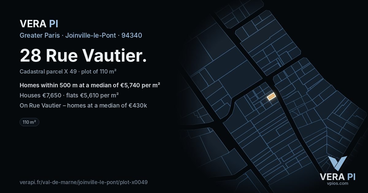 28 Rue Vautier, Joinville-le-Pont at night – the plot lit, the parcels around coloured by the prices near them
