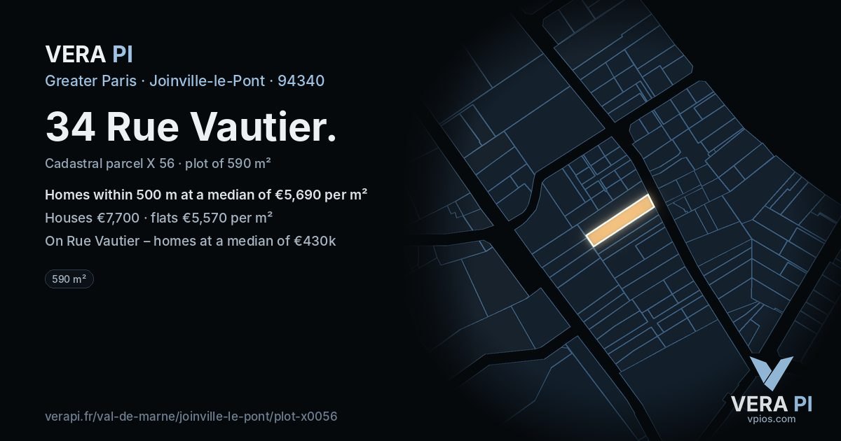 34 Rue Vautier, Joinville-le-Pont at night – the plot lit, the parcels around coloured by the prices near them