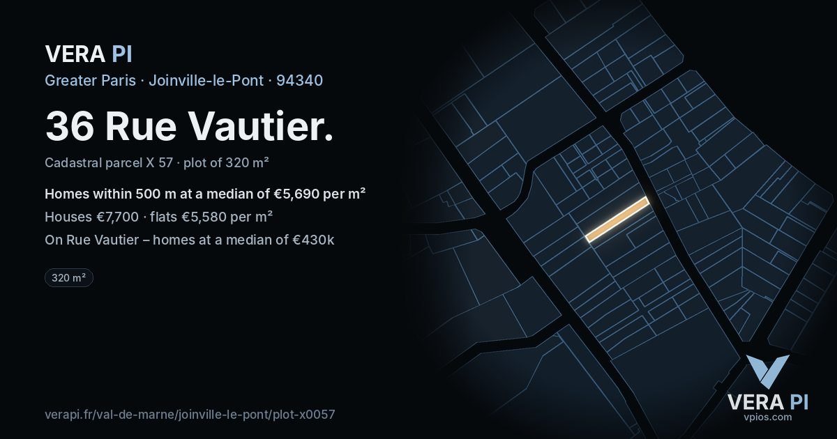 36 Rue Vautier, Joinville-le-Pont at night – the plot lit, the parcels around coloured by the prices near them