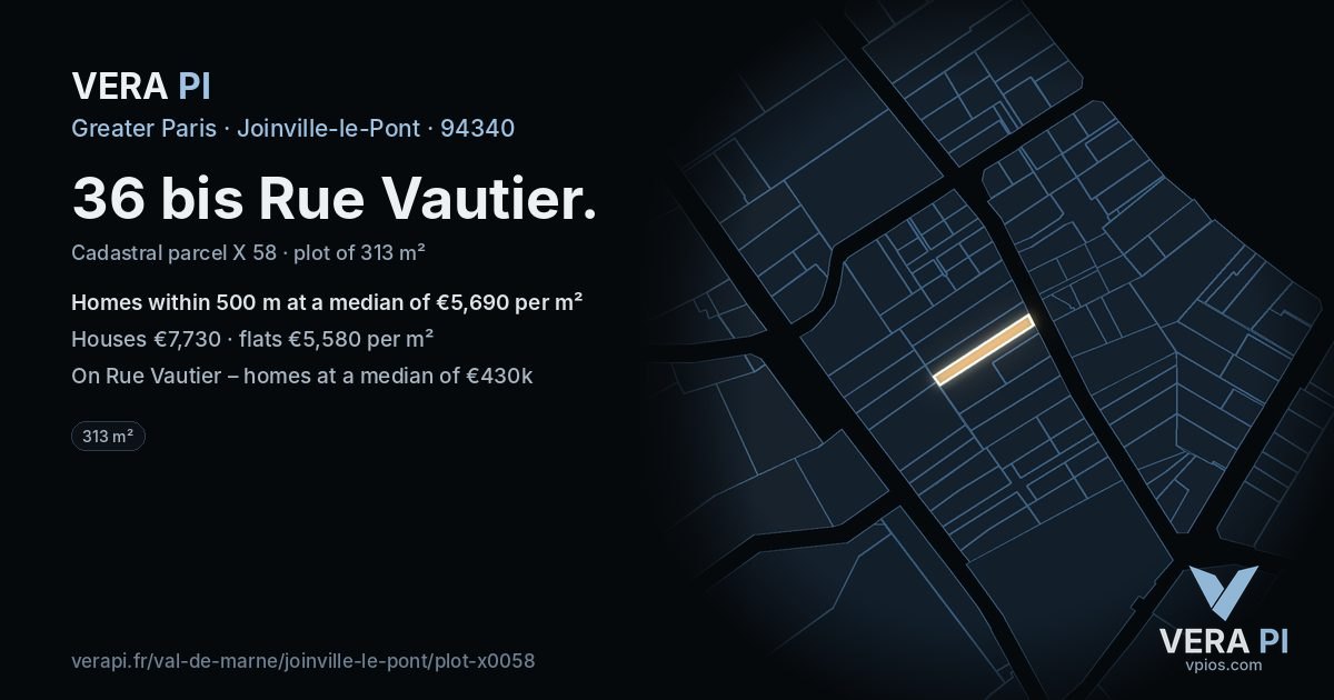 36 bis Rue Vautier, Joinville-le-Pont at night – the plot lit, the parcels around coloured by the prices near them