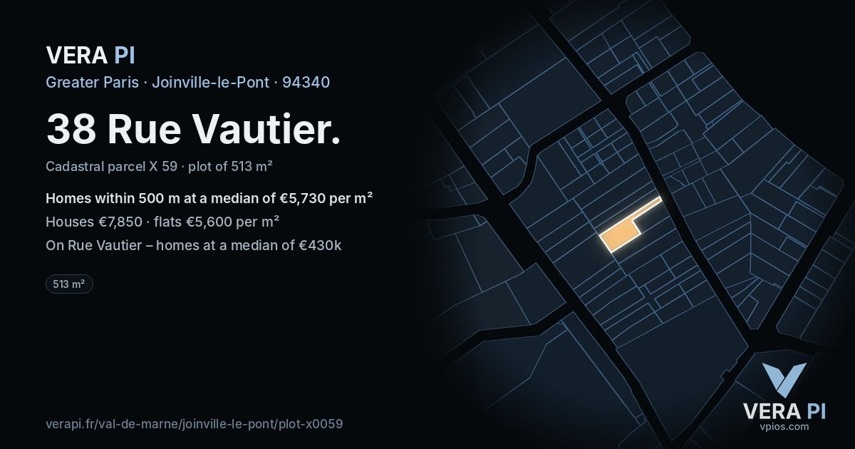 38 Rue Vautier, Joinville-le-Pont at night – the plot lit, the parcels around coloured by the prices near them