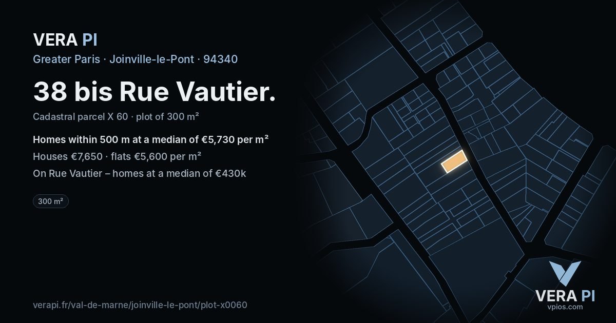 38 bis Rue Vautier, Joinville-le-Pont at night – the plot lit, the parcels around coloured by the prices near them