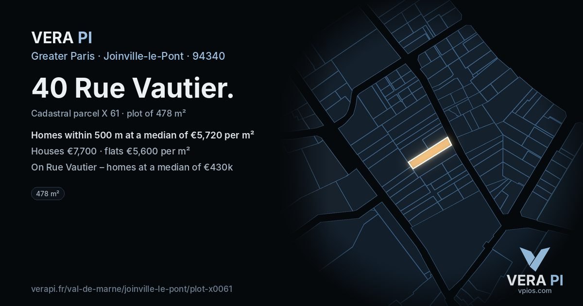40 Rue Vautier, Joinville-le-Pont at night – the plot lit, the parcels around coloured by the prices near them