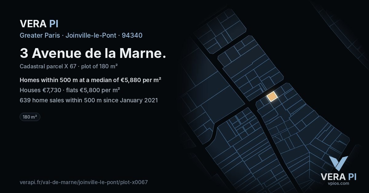 3 Avenue de la Marne, Joinville-le-Pont at night – the plot lit, the parcels around coloured by the prices near them
