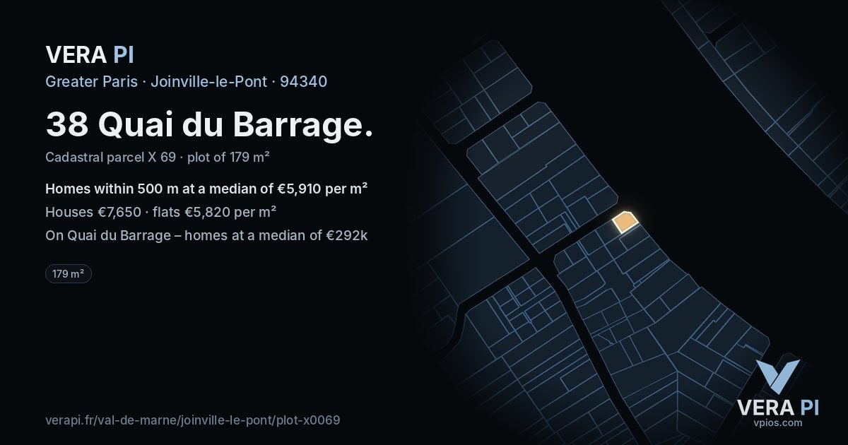 38 Quai du Barrage, Joinville-le-Pont at night – the plot lit, the parcels around coloured by the prices near them