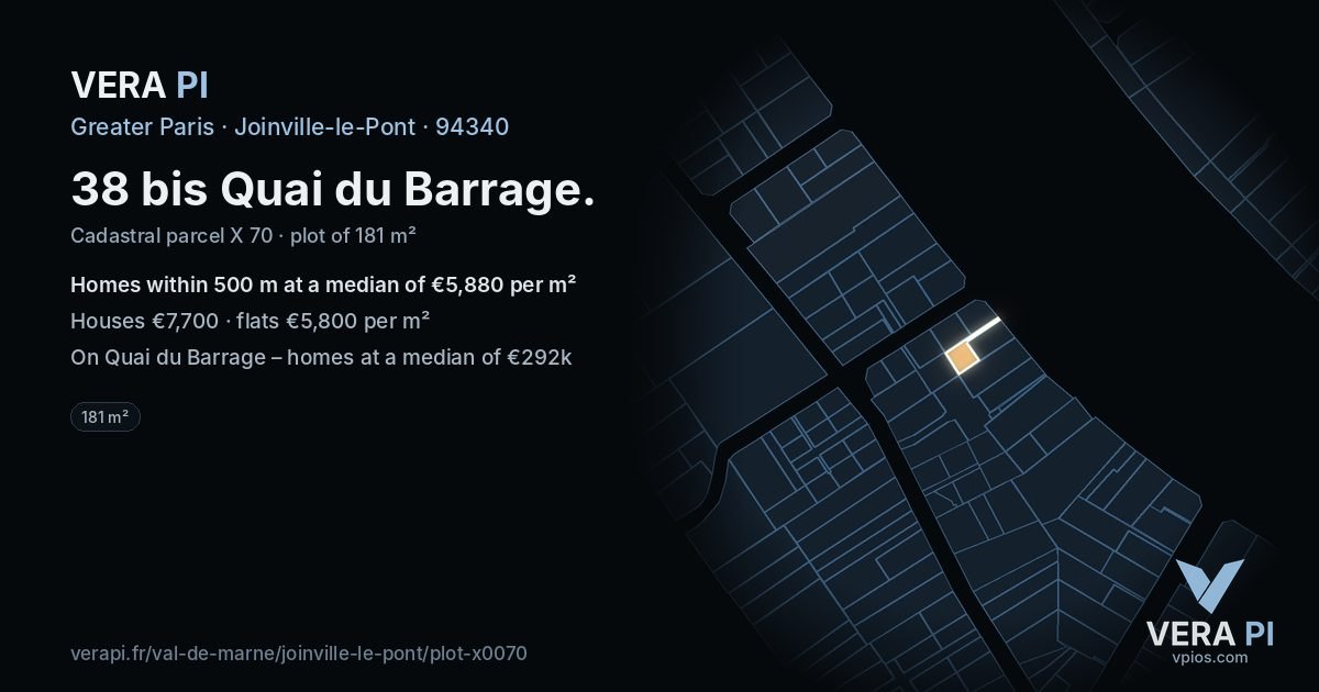 38 bis Quai du Barrage, Joinville-le-Pont at night – the plot lit, the parcels around coloured by the prices near them