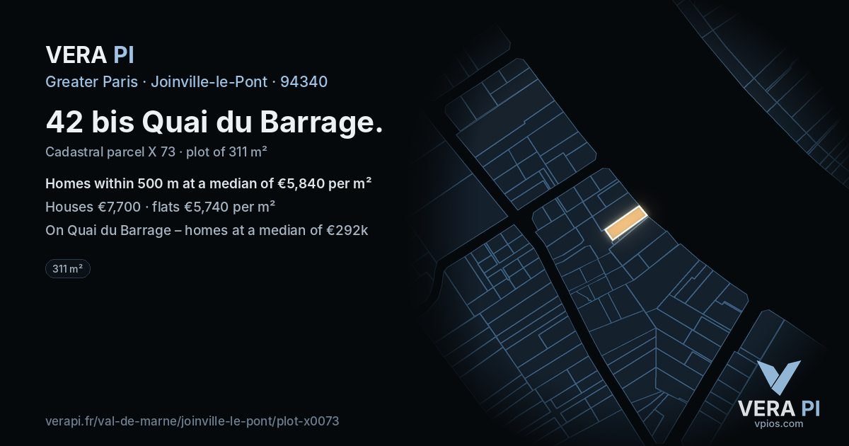 42 bis Quai du Barrage, Joinville-le-Pont at night – the plot lit, the parcels around coloured by the prices near them