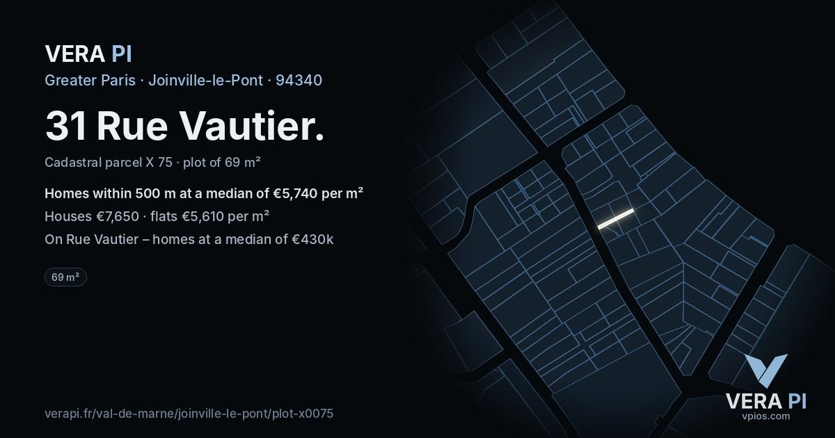 31 Rue Vautier, Joinville-le-Pont at night – the plot lit, the parcels around coloured by the prices near them